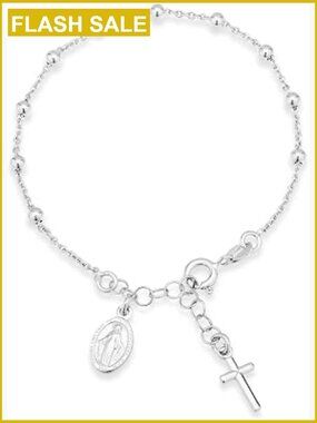 Italian 925 Sterling Silver Rosary Bead Bracelet Adjustable Cross Charm
